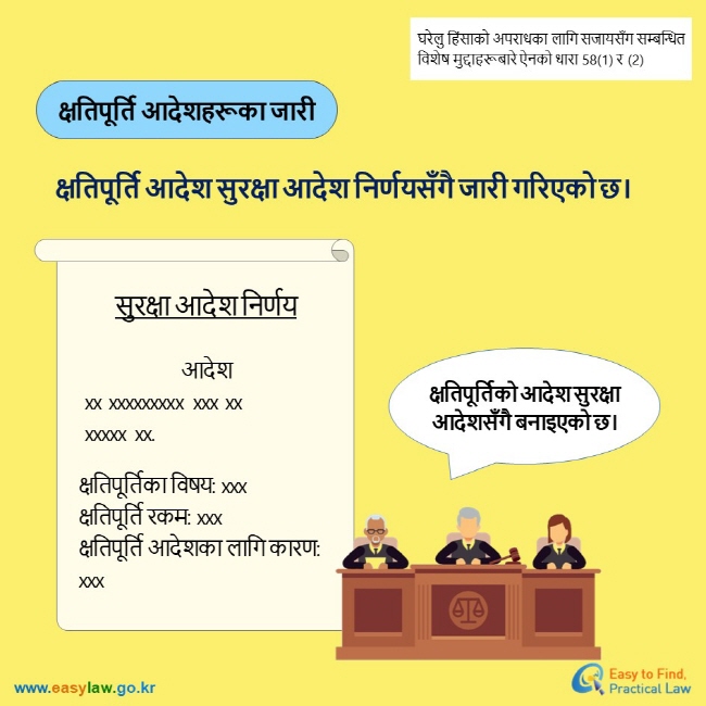 घरेलु हिंसाको अपराधका लागि सजायसँग सम्बन्धित विशेष मुद्दाहरूबारे ऐनको धारा 58(1) र (2) क्षतिपूर्ति आदेशहरूका जारी क्षतिपूर्ति आदेश सुरक्षा आदेश निर्णयसँगै जारी गरिएको छ। सुरक्षा आदेश निर्णय आदेश xx xxxxxxxxx xxx xx  xxxxx xx. क्षतिपूर्तिका विषय: xxx क्षतिपूर्ति रकम: xxx क्षतिपूर्ति आदेशका लागि कारण: xxx क्षतिपूर्तिको आदेश सुरक्षा आदेशसँगै बनाइएको छ।